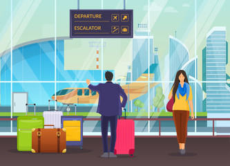 Passenger group people together waiting in airport terminal. Passengers woman, man waiting to arrival and departure with luggage, suitcases, bags in the waiting room cartoon vector illustration.