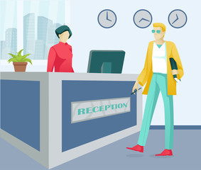 Cartoon Woman Receptionist and Man Customer Characters. Business Office or Hotel Reception Service. Female Manager at Desk and Male Guest. Secretary and Visitor. Vector Flat Illustration
