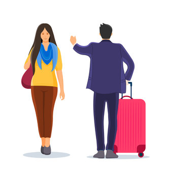 Passengers man and woman waiting to arrival and departure with luggage, bags. Man calls a taxi cartoon vector illustration