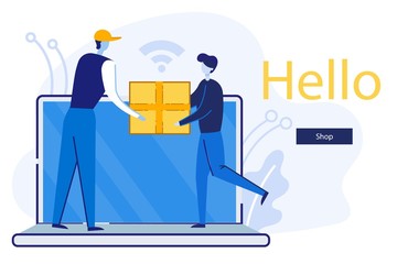 Delivery Courier Giving Parcel Box to Recipient Standing at Huge Laptop Screen. Online Application for Express Shipping, E-commerce Sales, Hello Typography. Cartoon Flat Vector Illustration, Banner