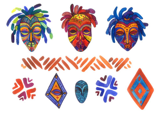 watercolor hand painted set of isolated elements with african tribal stylemasks and ornaments