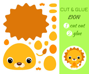 Cut and glue baby sitting lion. Educational paper game for preschool children.