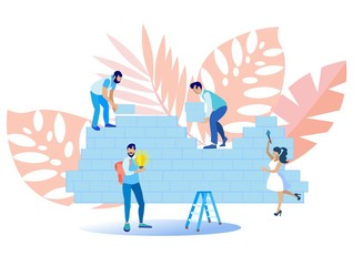 People Building own Business Concept Flat Cartoon Vector Illustration. Man Characters Growing Business Building Wall, Woman Painting. Successful Startup or Company Development. Person with Idea.