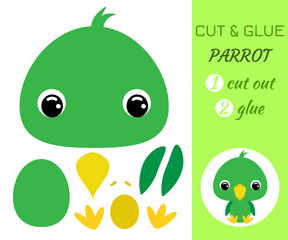 Cut and glue baby sitting parrot. Educational paper game for preschool children.