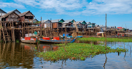 See Tonle Sap in Kambodscha: Panorama von Häusern im Wasser auf Stelzen mit grünen Wasserpflanzen
