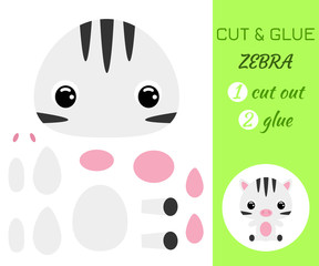 Cut and glue baby sitting zebra. Educational paper game for preschool children.