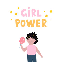 Girl power vector card. Cute girl illustration and hand drawn lettering. Female cartoon character isolated on white background