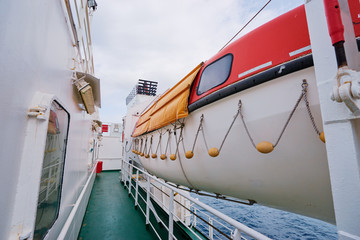 Transportation and safety. Lifeboat on ferry deck.