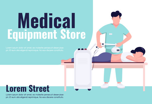 Medical equipment store banner flat vector template. Brochure, poster concept design with cartoon characters. Spinal trauma treatment and rehabilitation horizontal flyer, leaflet with place for text