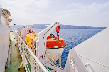 Sailing transportation. Deck of the ferry boat.