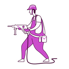 Construction work services flat silhouette vector illustration. Handyman in uniform with tool. Builder with drill 2D isolated outline character on white background. House repairs simple style drawing