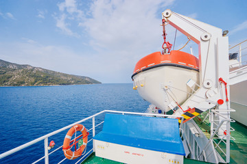 Sailing transportation. Deck of the ferry boat.