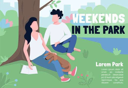 Weekends in park banner flat vector template. Brochure, poster concept design with cartoon characters. Romantic date idea, summertime outdoor relax horizontal flyer, leaflet with place for text