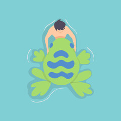 Top view persone floating on air mattress in swimming pool. Men relaxing and sunbathing on inflatable frog shape. Vector Illustration