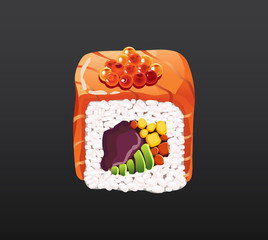 3D Sushi roll traditional seaweed fresh raw food. Japanese seafood sushi roll. Classical asian food. Sushi roll with salmon caviar ris