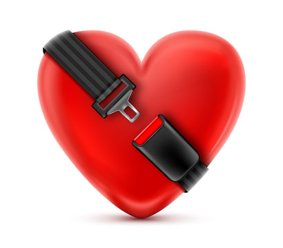Seat Belt around the red heart. Safety and insurance concept.