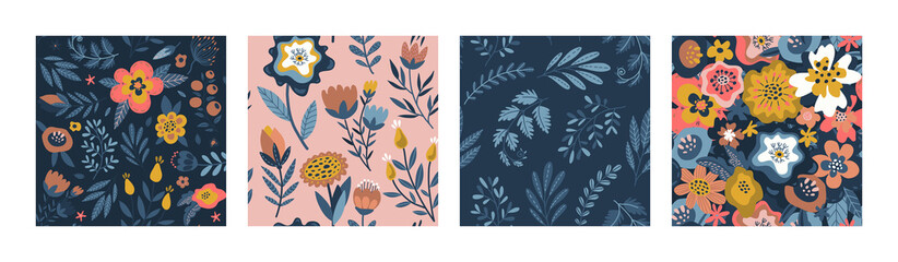 Cotton fabric Set of vector colorful natural floral seamless patterns