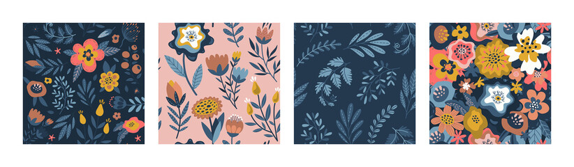 Set of vector colorful natural floral seamless patterns