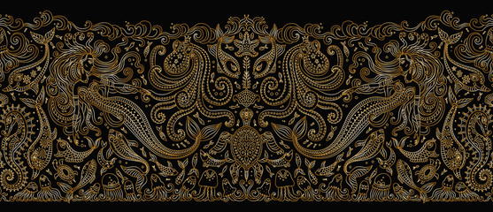 Vector seamless border pattern. Fantasy mermaid, octopus, fish, sea animals gold contour thin line drawing on a black background. Embroidery border, wallpaper, textile print, wrapping paper