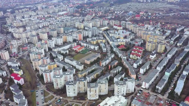 Aerial view of Manastur neighborhood residential area, real estate, demographic explosion,  agglomeration of flat of blocks built in the Communist period of dictator Ceausescu in Cluj Napoca, Romania