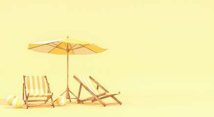 Beach umbrella with chairs on pastel colors background. Minimalism concept. 3d rendering
