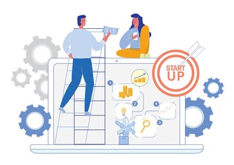 Obraz na płótnie Canvas Businessman Makes Investments to Start Up Project or Joint Venture. Man and Woman Cartoon Characters on Laptop Screen and Various Business Infographics Background. Flat Vector Illustration.