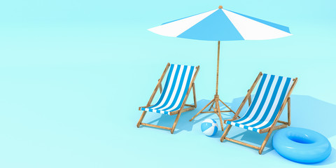 Beach umbrella with chairs on pastel colors background. Minimalism concept. 3d rendering