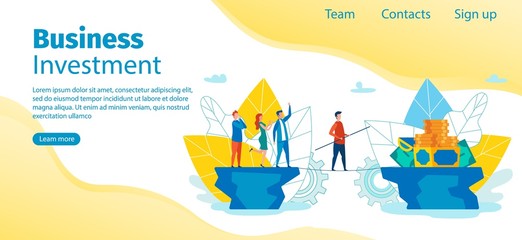 Flat Banner is Written Business Investment Vector. Man Walks by Tightrope to Financial Goal. Staff Man and Woman are Supported by Words Risk Taker. Cartoon Illustration Landing Page.