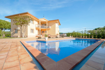 Classic new home with pool. Real estate Luxury exterior design pool villa