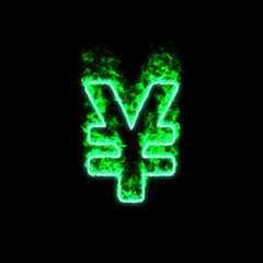 The symbol yen sign burns in green fire