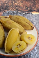 Pisang rebus or boiled banana. Pisang Kepok or Saba banana