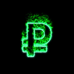 The symbol ruble sign burns in green fire