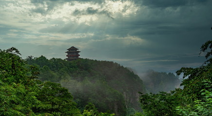 Storm day. Sky full of clouds with Teaboard Tower (Tianzi Pavilion) , Tianzi Mountain peak , Zhangjiajie National Forest Park
