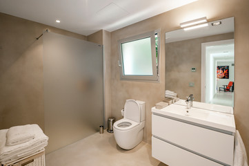 Fototapeta na wymiar Modern bathroom with shower, in beige color with white furniture.