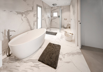 Luxury white marble bathroom with with a luxury freestanding bathtub and washbasins. Concept for lifestyle and luxury living.