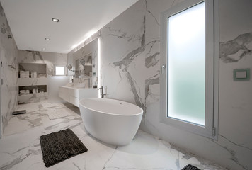 Luxury white marble bathroom with with a luxury freestanding bathtub and washbasins. Concept for...