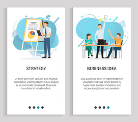 Strategy and business idea vector, path to success. Office workers brainstorming and communication in group, businessman presents chart on board. Website or slider app, landing page flat style