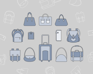 Handbag Icons set - Vector color symbols and outline of bag, backpack, purse, clutch, luggage, suitcase for the site or interface