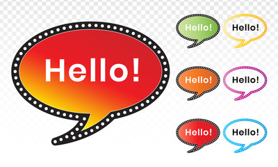 Cartoon greeting balloons or dialogue balloons with the word "Hello". Speech art line icons for chat applications and websites © Moch Solikin