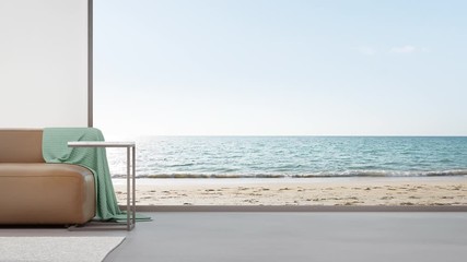 Sofa on concrete floor of large living room in modern house or luxury hotel. Minimal home interior loop animation 3d rendering with beach and sea view.