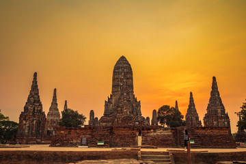 Landspace picture of Ancient ruin and The great pagoda at Wat Chai Wattanaram at sunset.