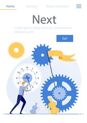 Flyer Inscription next, Work Spinning Gears Flat. Man in Suit Translates Minute Hand on Large Clock. Flag is Inserted in Large Gears Clockwork. Time Planned to Achieve Goals. Vector Illustration.