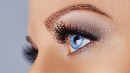 Woman eye with long eyelashes and smokey eyes make-up. Eyelash extensions, makeup, cosmetics, beauty