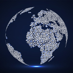 Abstract glowing globe earth of round dots, neon world map