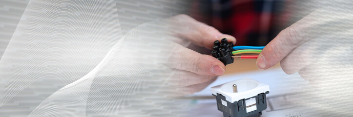 Electrician connecting wires in terminal block; panoramic banner