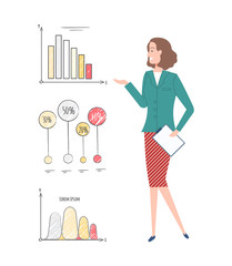 Person showing presentation vector, analysis and stats about business project, woman holding clipboard pointing on charts, presenter with info data
