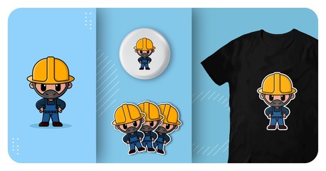 cute bearded construction worker with helmet logo character mascot t shirt badge and sticker design