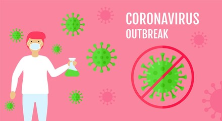 coronavirus covid-19 outbreak in wuhan with man wearing mask, flask, bacteria or virus and forbidden or stop sign with vectors illustration in flat style,