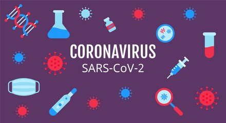 coronavirus covid-19 related, injection, flask, mask, test tube, thermometer, vaccine, bacteria plate, and molecules with virus vectors illustration in flat style,