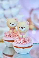 Beautiful and bright desserts on the festive table for the party.